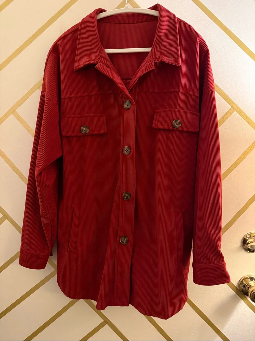 Women's Red Corduroy Button-Up Shacket Jacket w/ Pockets